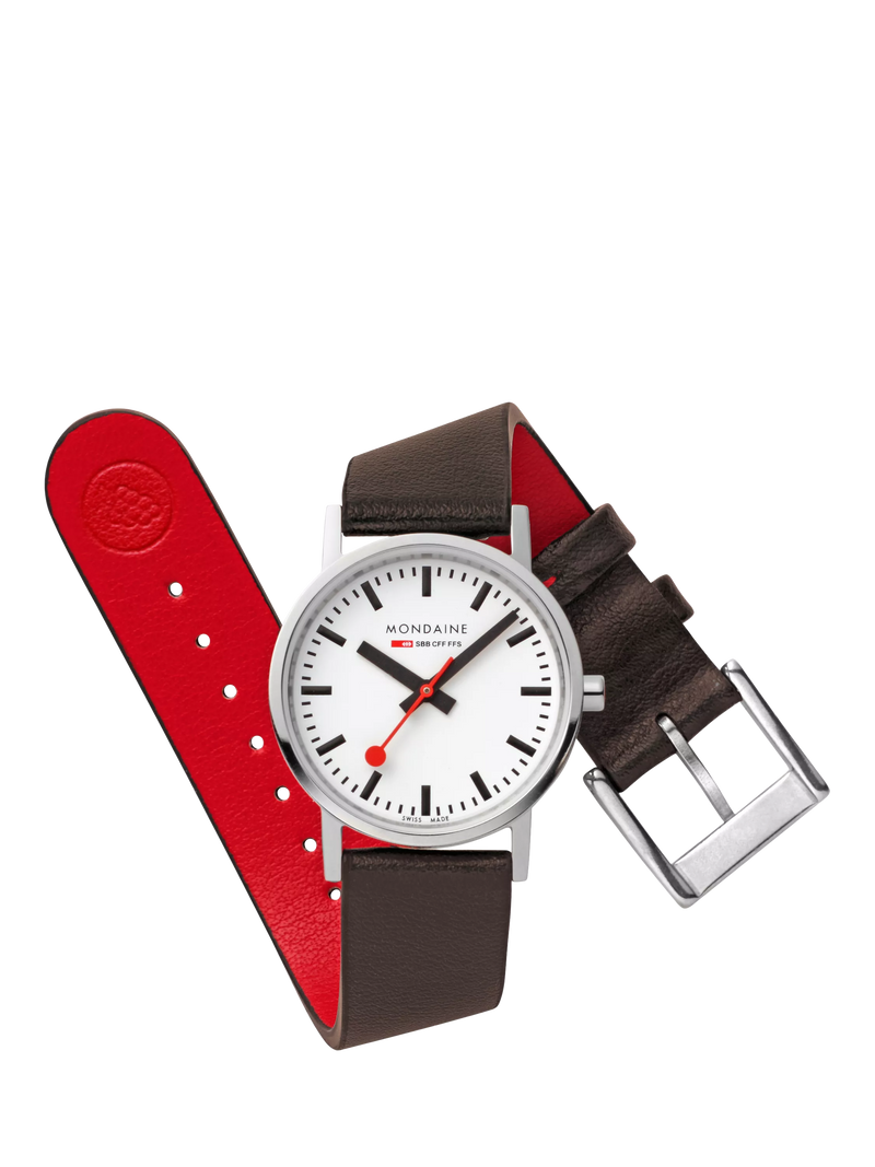 Mondaine women's classic watch 30mm brown vegan leather strap, imported from the UK