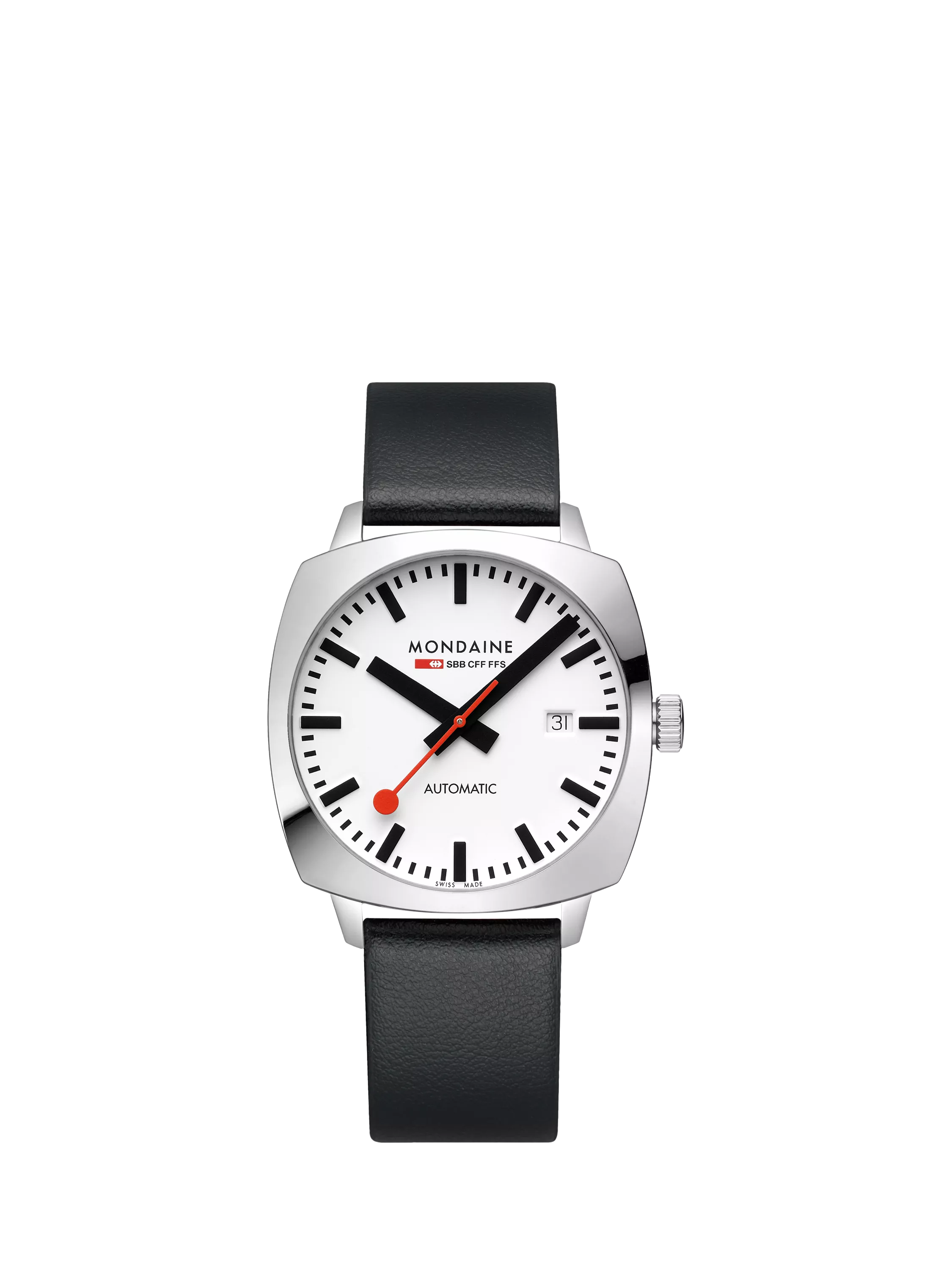 Mondaine automatic watch 39mm black vegan leather strap - British product
