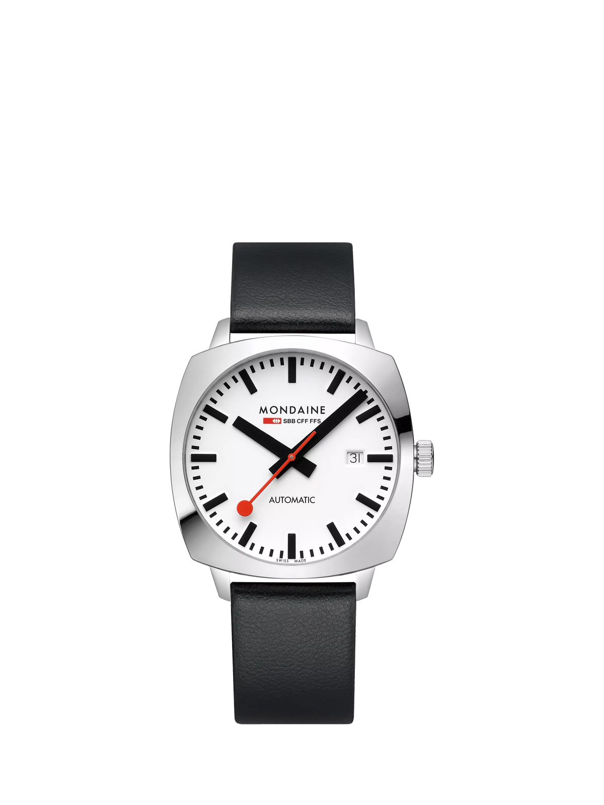Mondaine automatic watch 39mm black vegan leather strap - British product