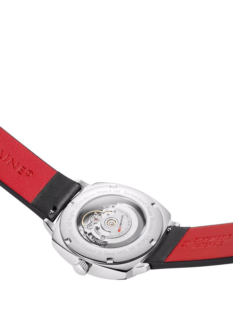 Mondaine automatic watch 39mm black vegan leather strap - British product