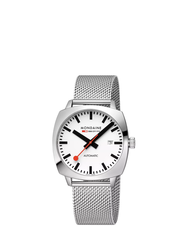 Mondaine Cushion Automatic watch 39mm silver stainless steel - British product