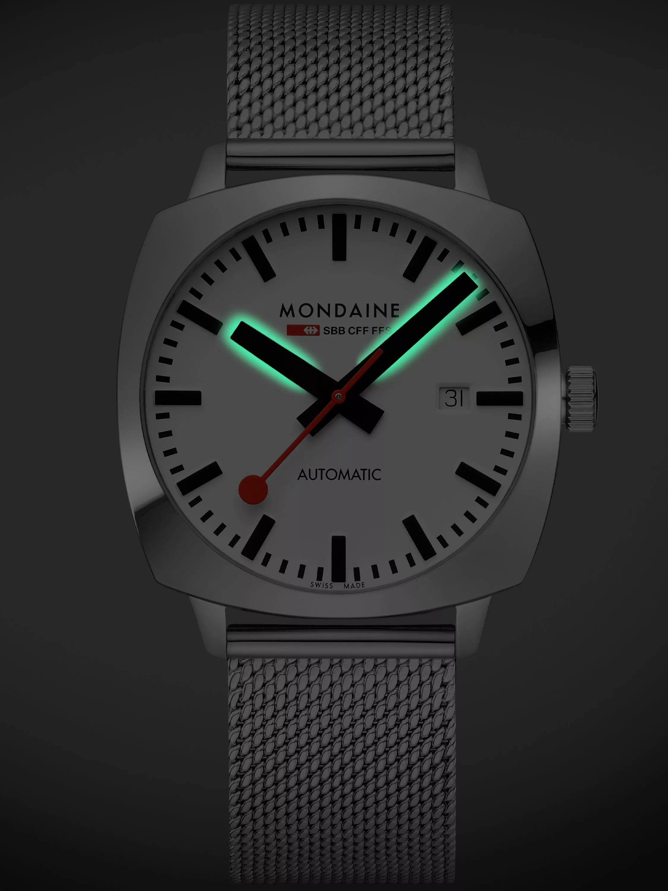Mondaine Cushion Automatic watch 39mm silver stainless steel - British product