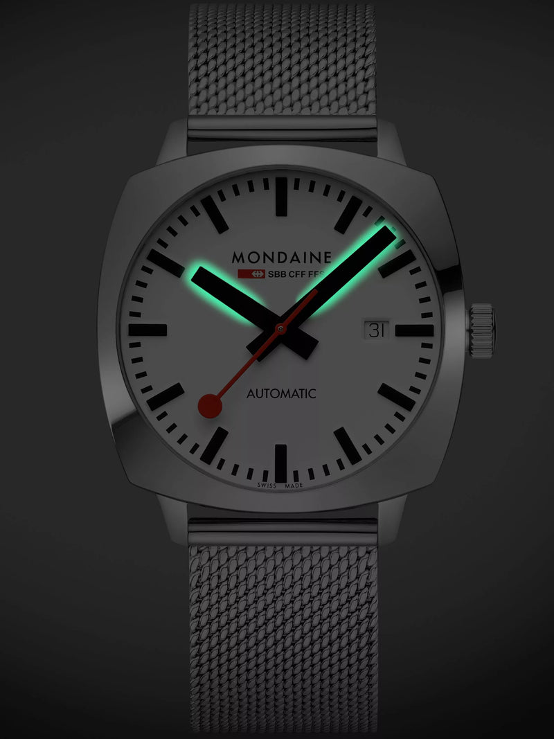 Mondaine Cushion Automatic watch 39mm silver stainless steel - British product