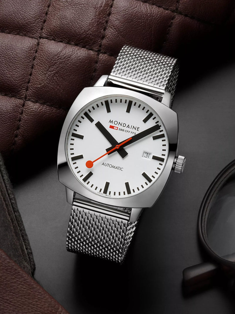 Mondaine Cushion Automatic watch 39mm silver stainless steel - British product
