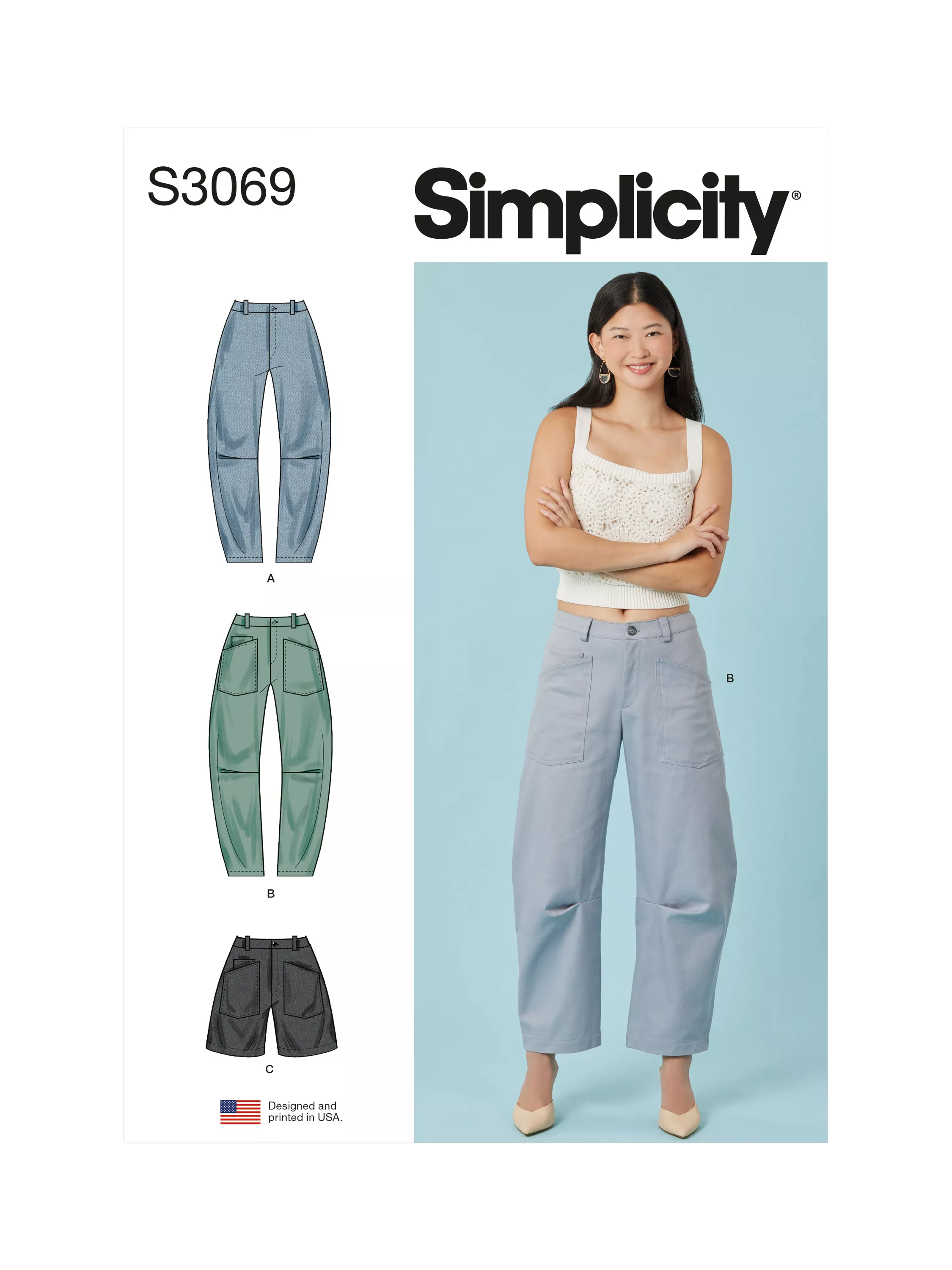 Simplicity sewing pattern barrel leg pants and shorts, imported from the UK