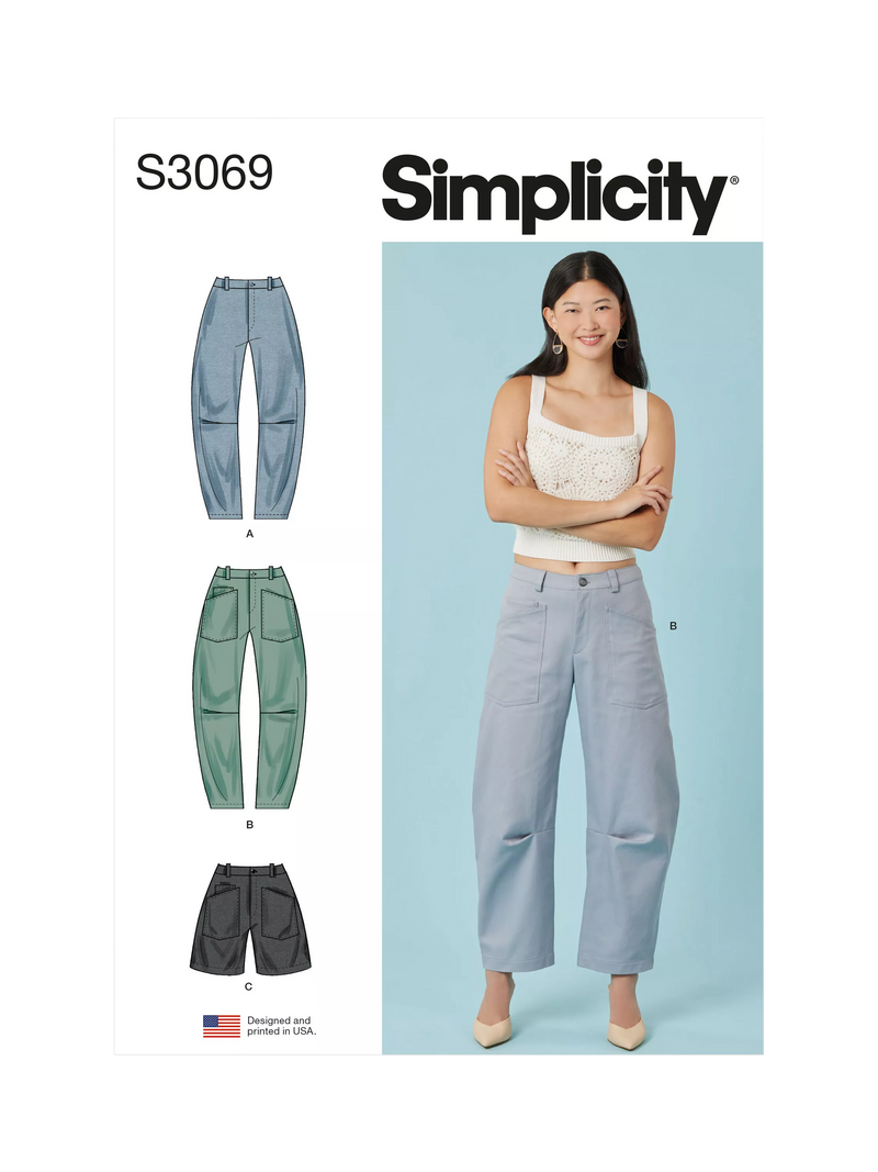 Simplicity sewing pattern barrel leg pants and shorts, imported from the UK