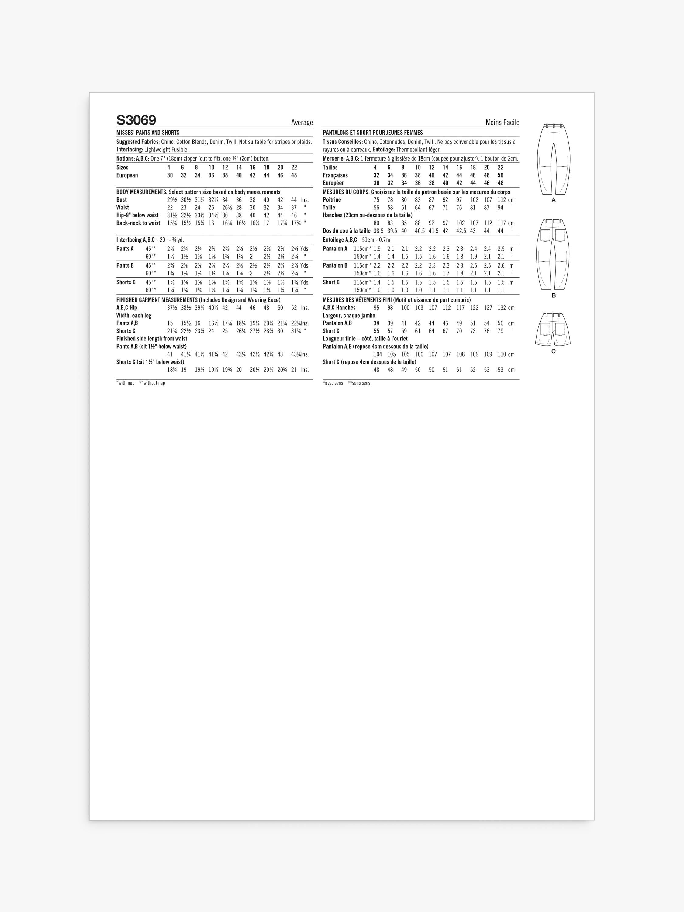 Simplicity sewing pattern barrel leg pants and shorts, imported from the UK