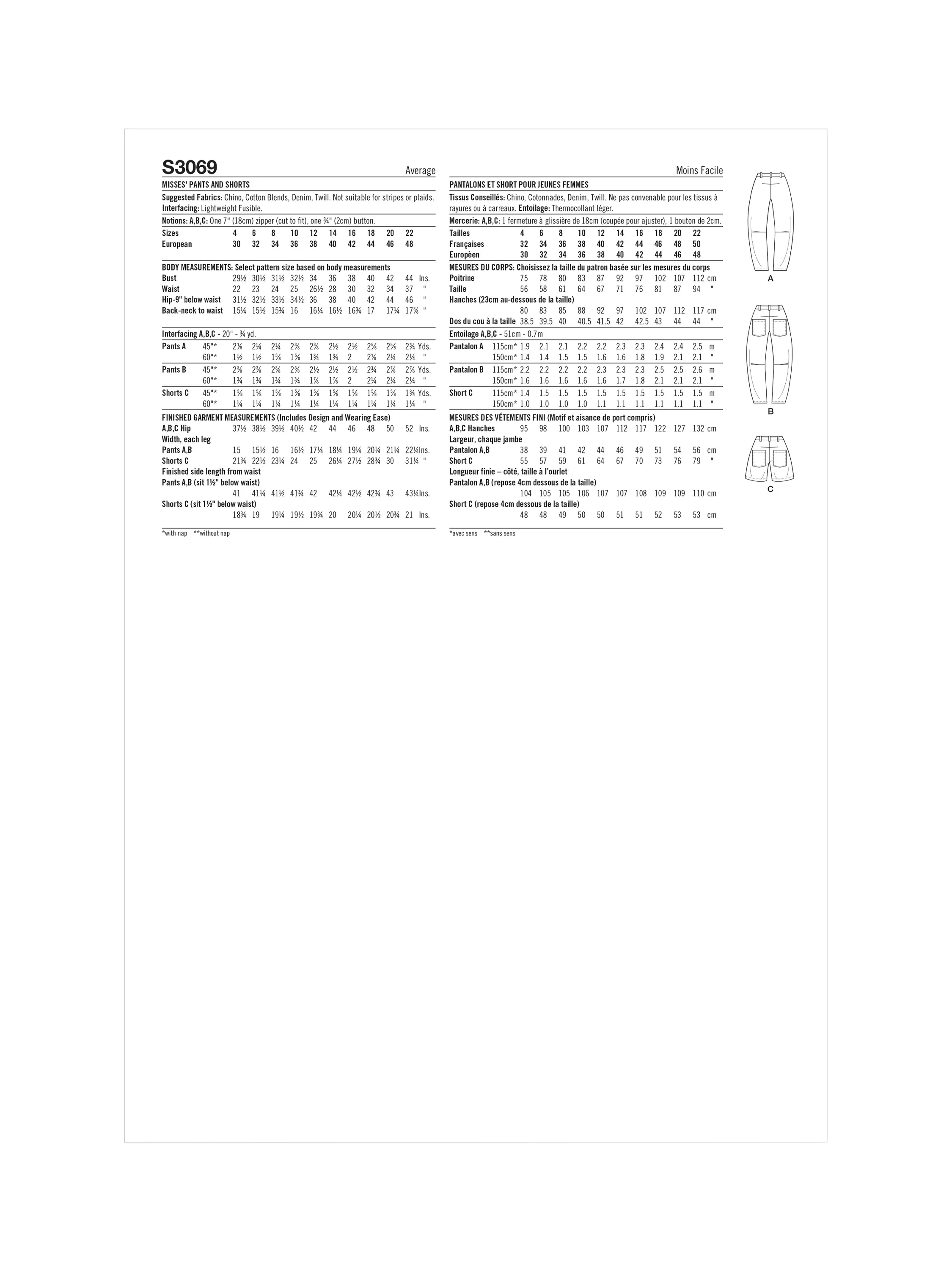 Simplicity sewing pattern barrel leg pants and shorts, imported from the UK