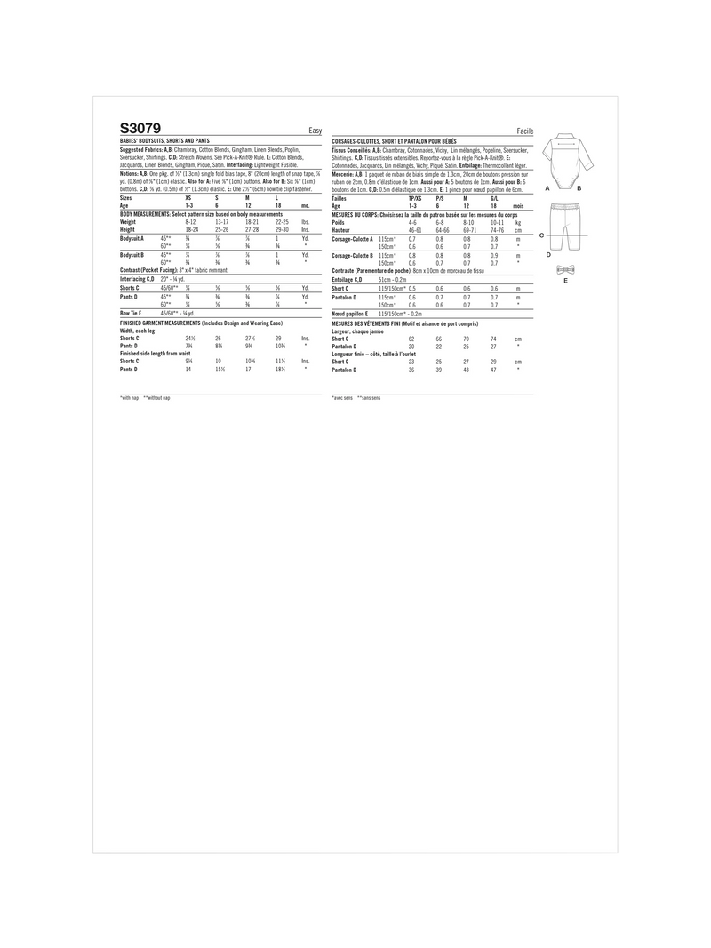 Simplicity sewing pattern baby bodysuit shorts and pants, imported from the UK