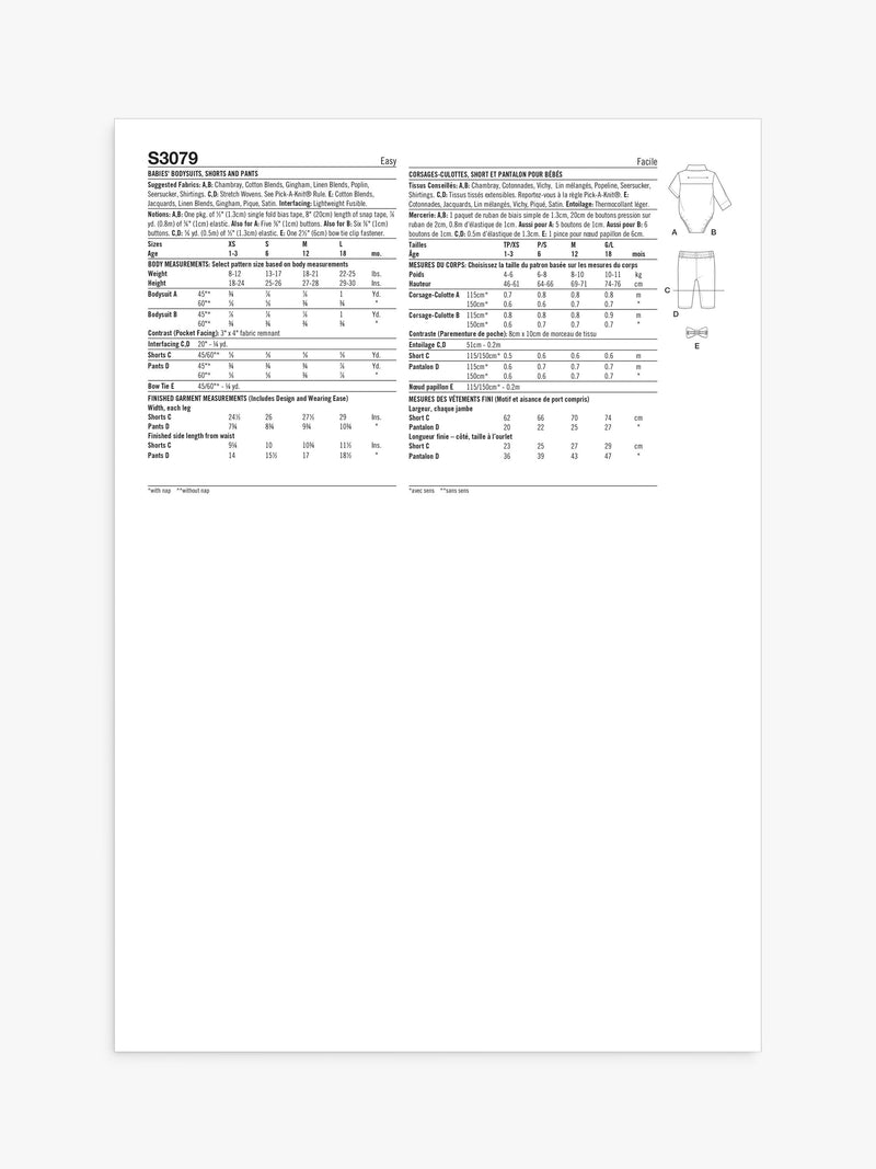 Simplicity sewing pattern baby bodysuit shorts and pants, imported from the UK