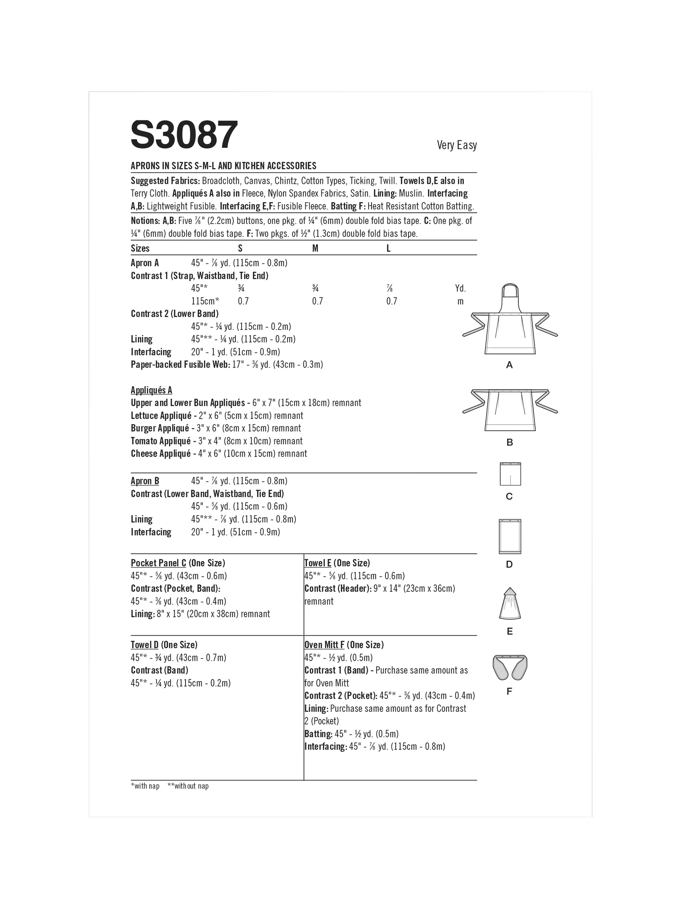 Simplicity sewing pattern for aprons and accessories, UK version