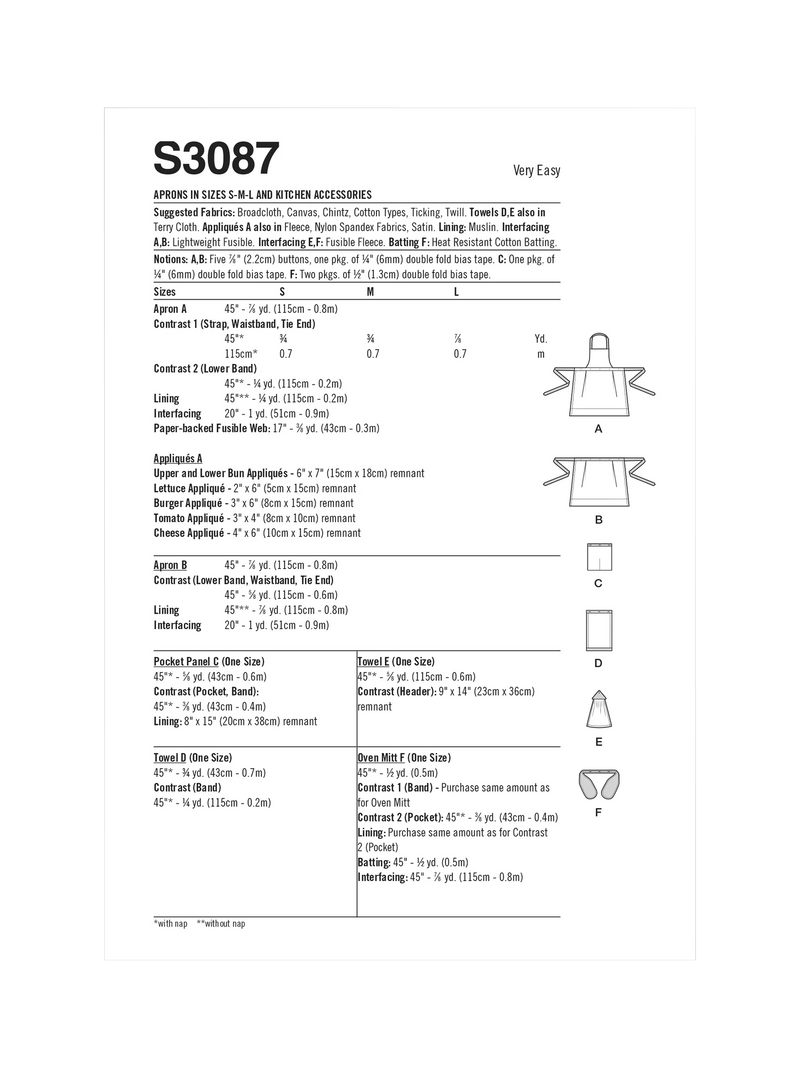 Simplicity sewing pattern for aprons and accessories, UK version