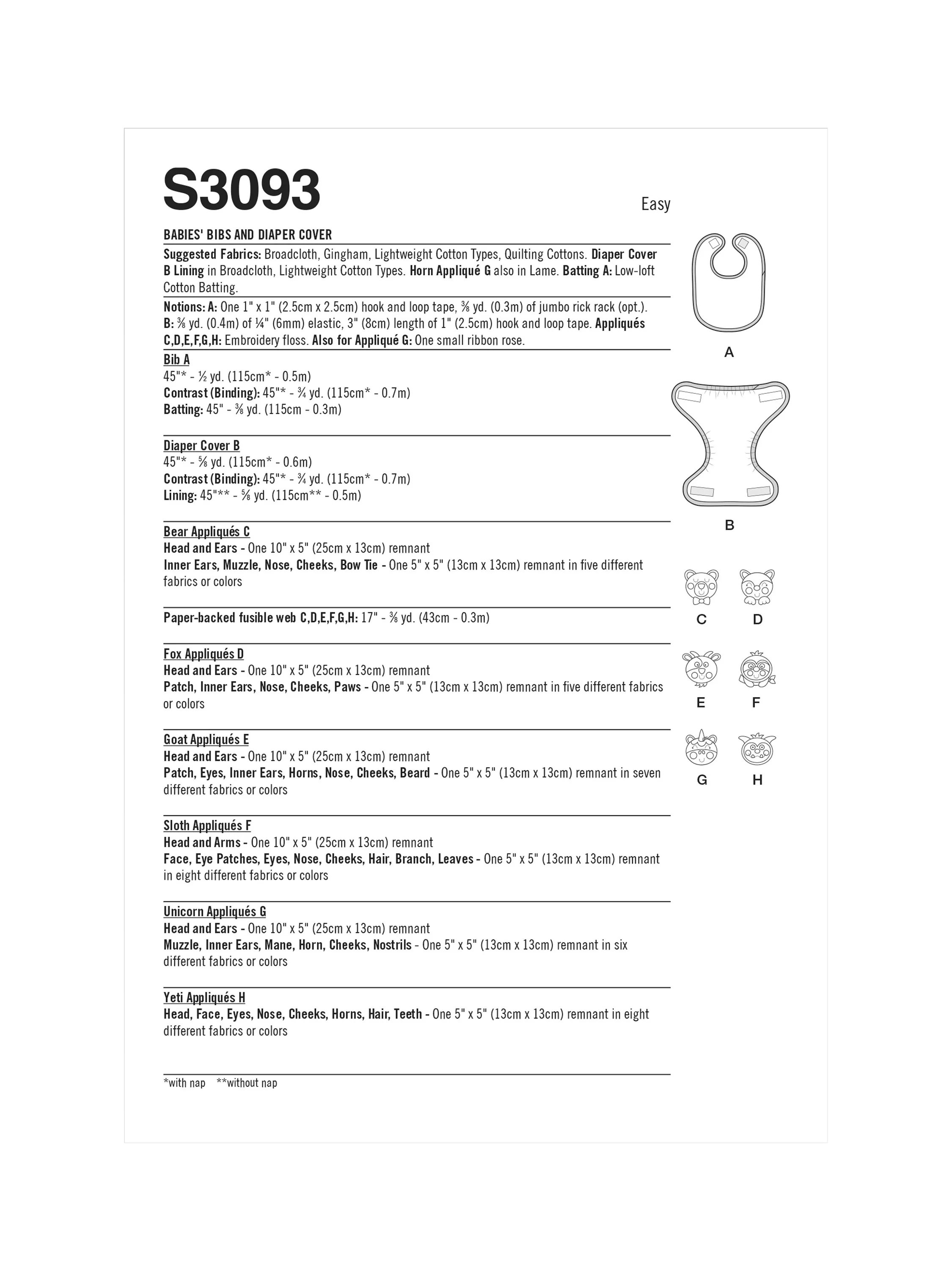 Simplicity sewing pattern padded bib and nappy cover S3093 (British brand)
