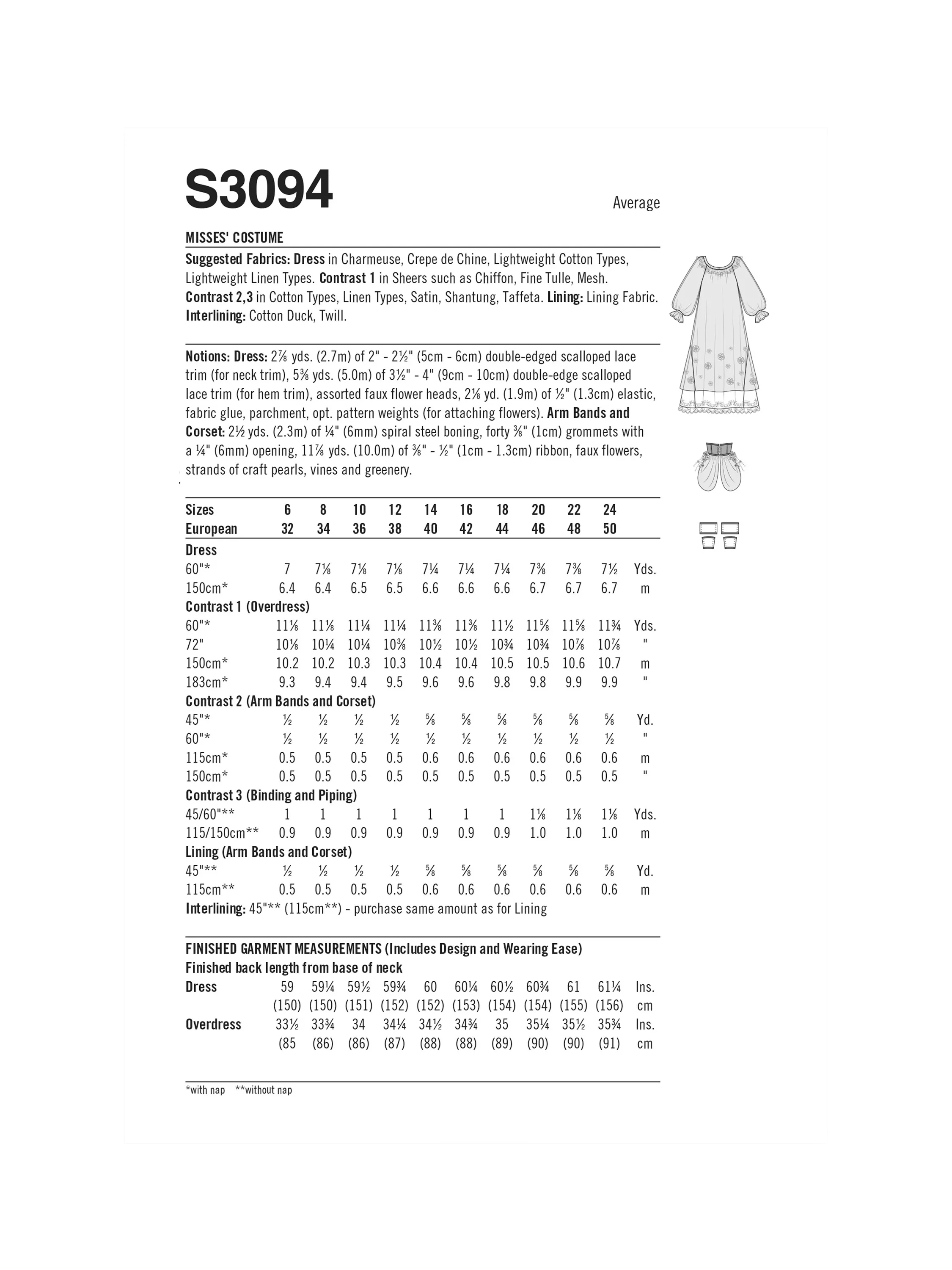 Simplicity fantasy costume sewing pattern S3094, imported from the UK