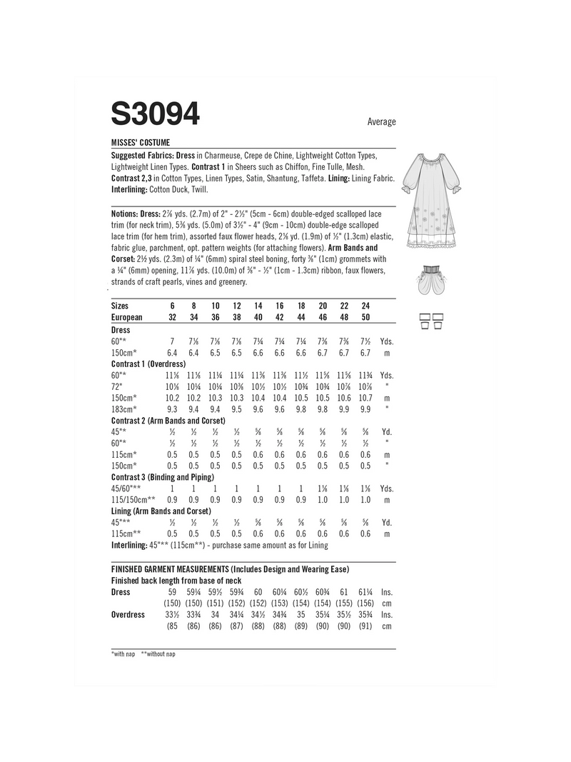 Simplicity fantasy costume sewing pattern S3094, imported from the UK