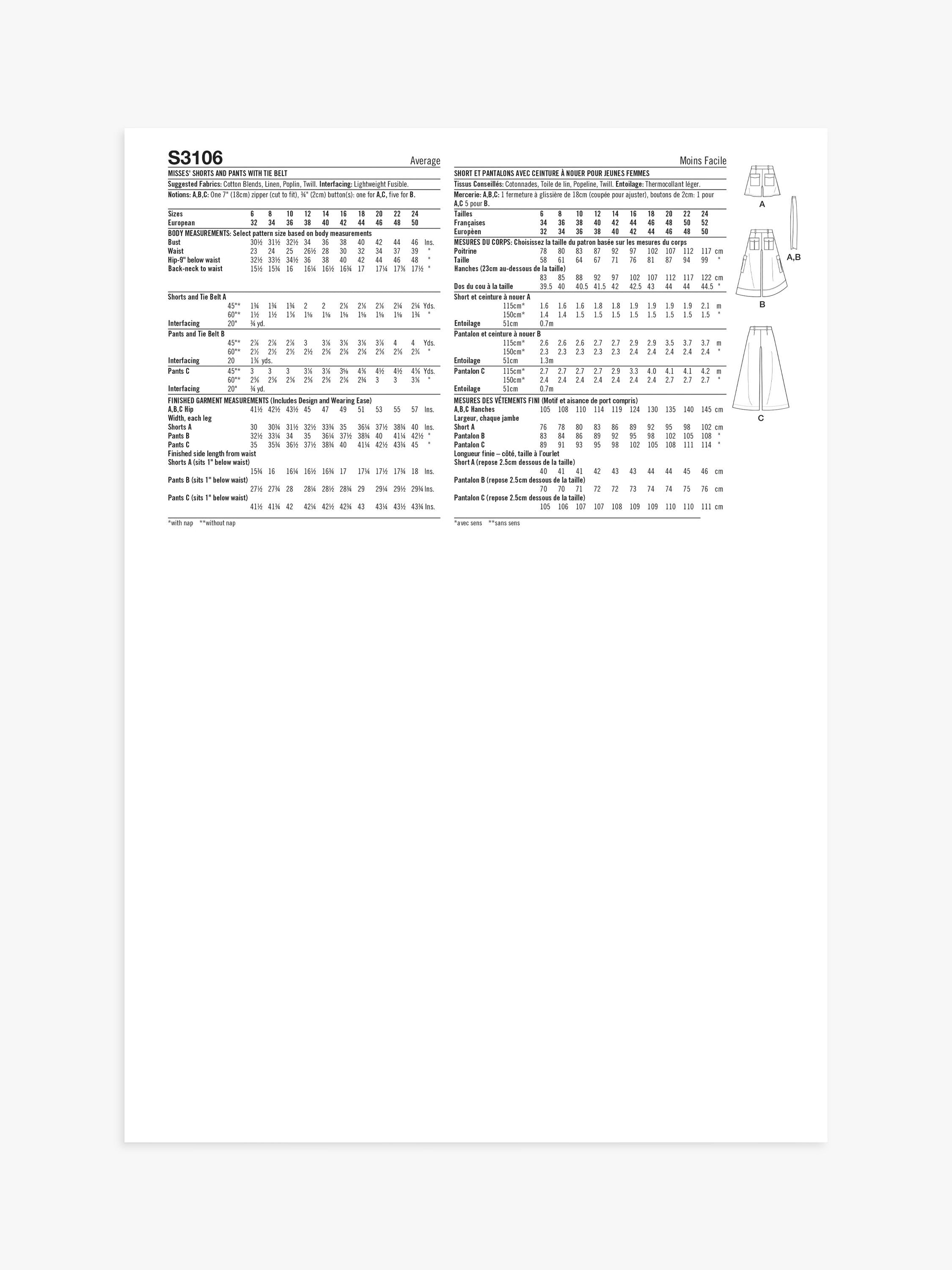 Simplicity sewing pattern Misses Shorts and Pants S3106, imported from the UK