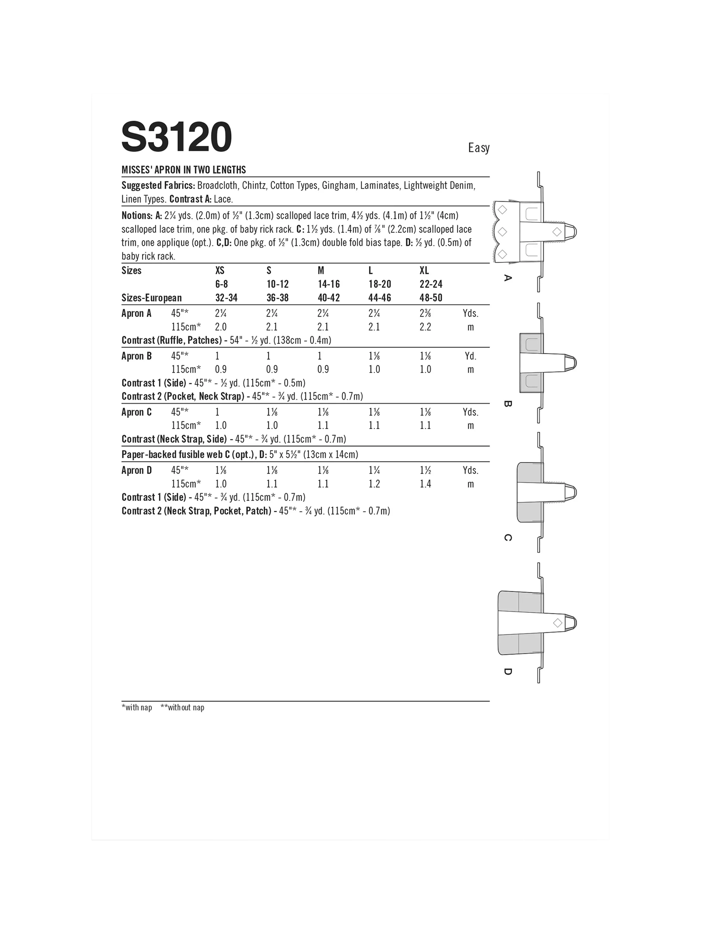 Simplicity apron sewing pattern S3120, UK version