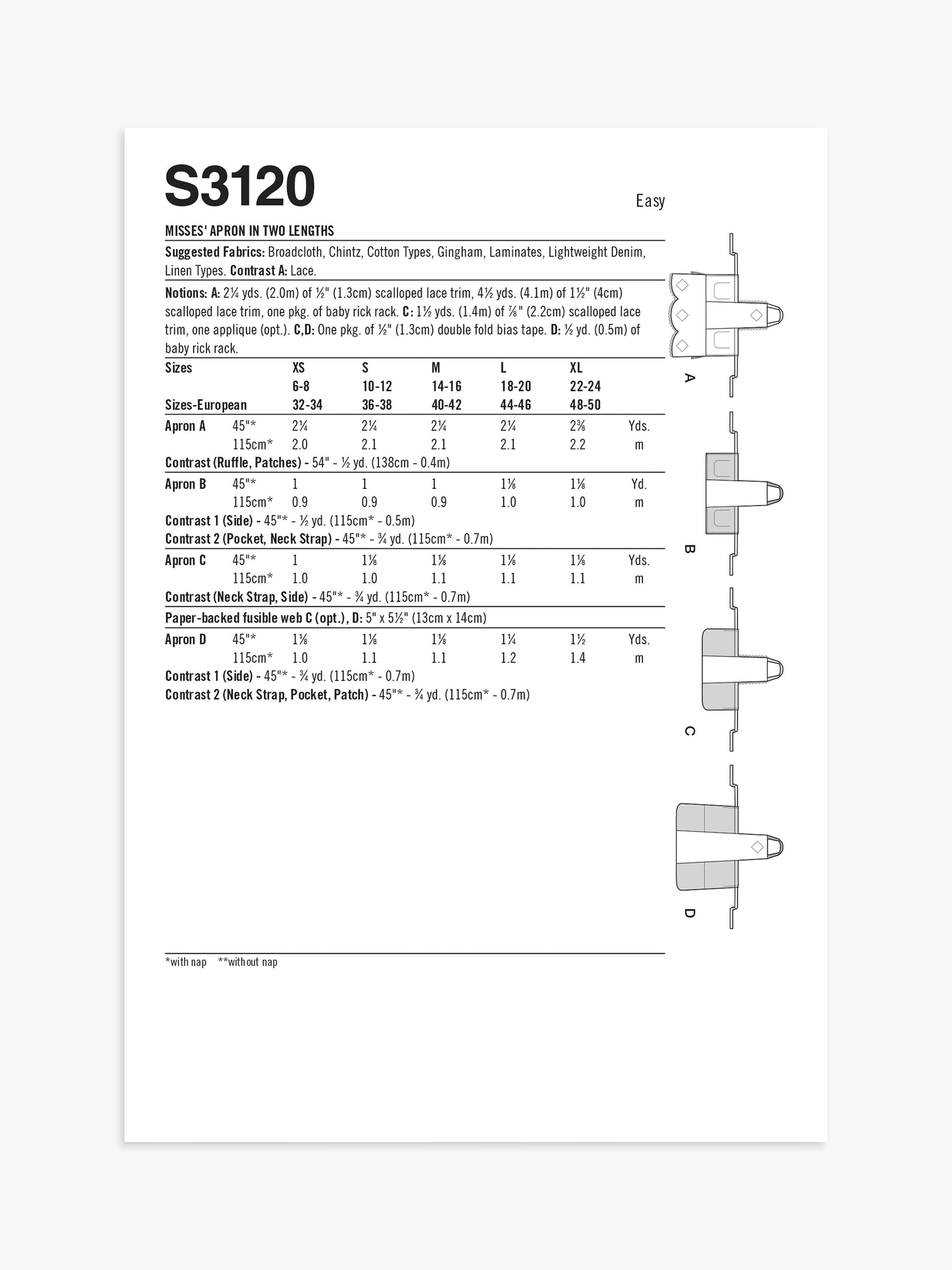 Simplicity apron sewing pattern S3120, UK version