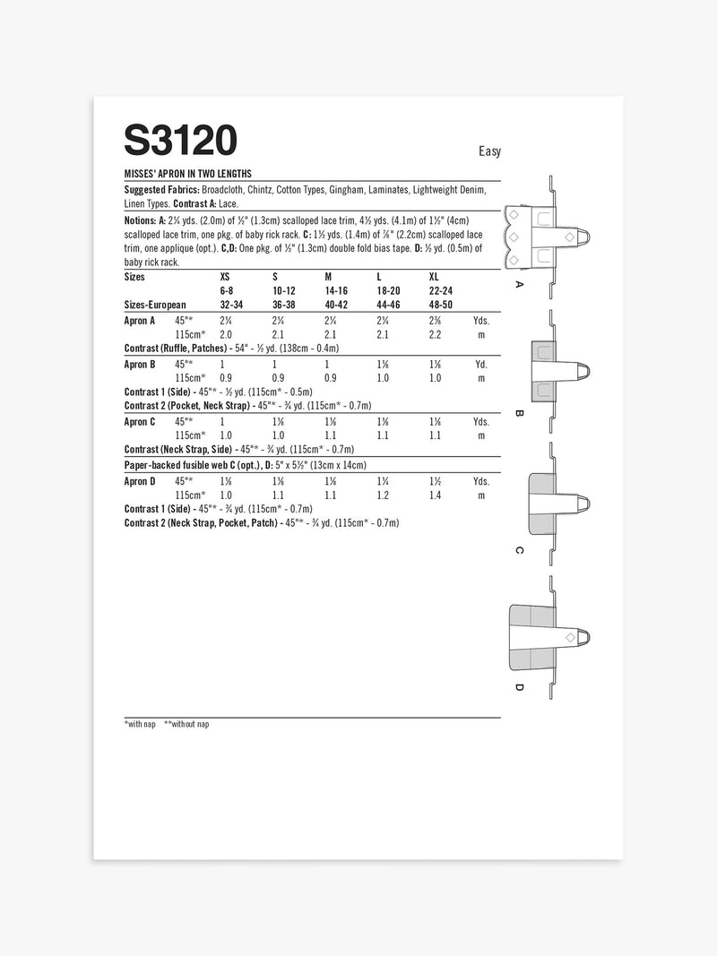 Simplicity apron sewing pattern S3120, UK version