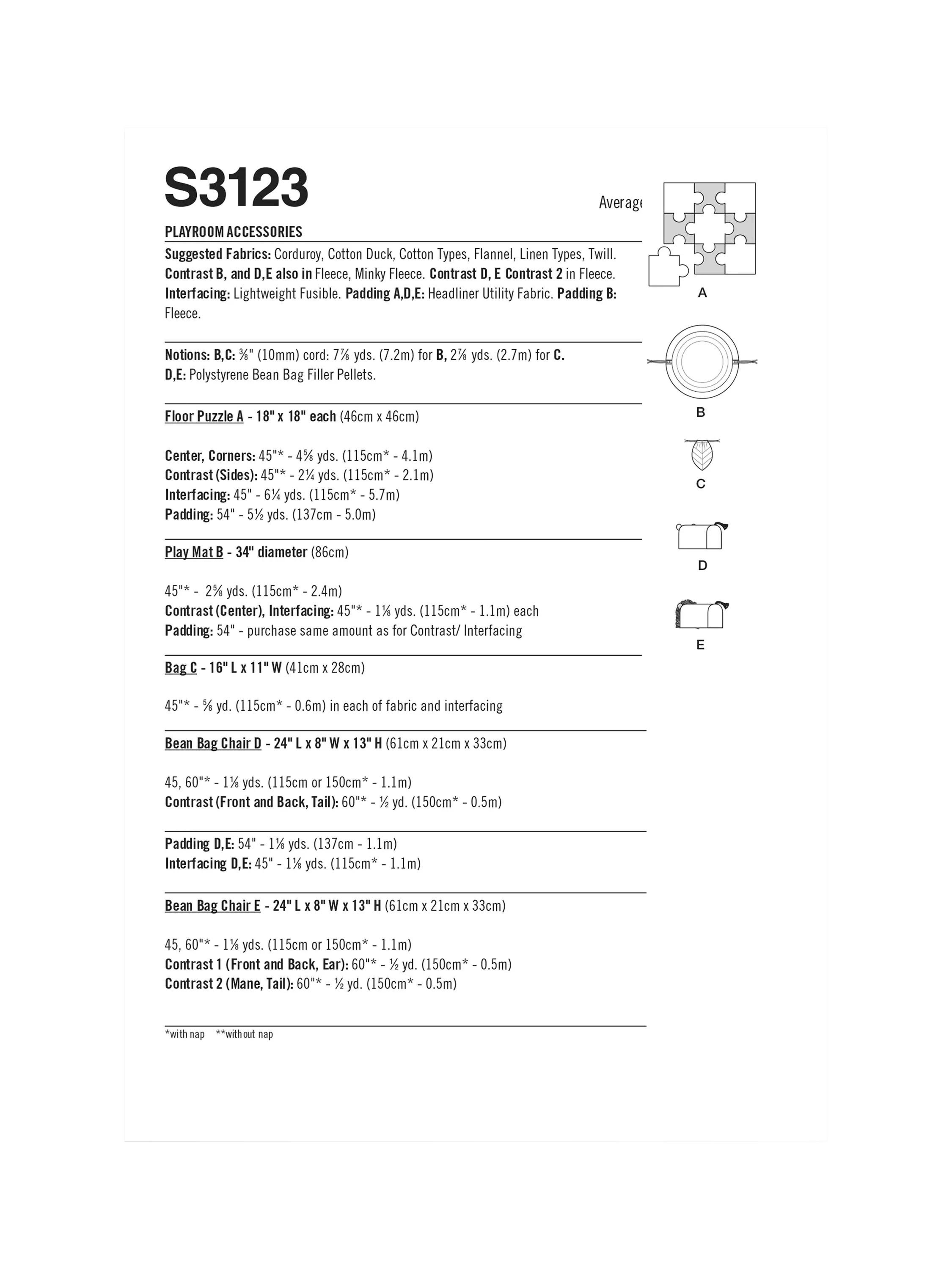 Simplicity sewing pattern S3123 for playroom accessories, UK version