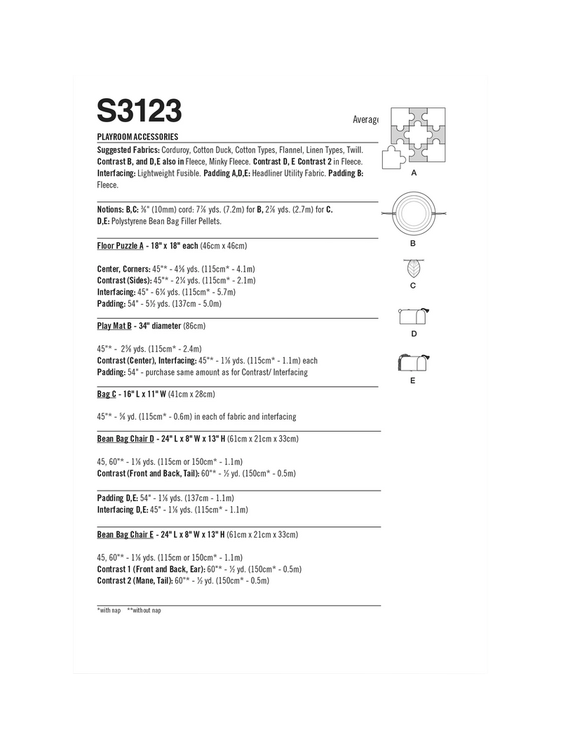 Simplicity sewing pattern S3123 for playroom accessories, UK version