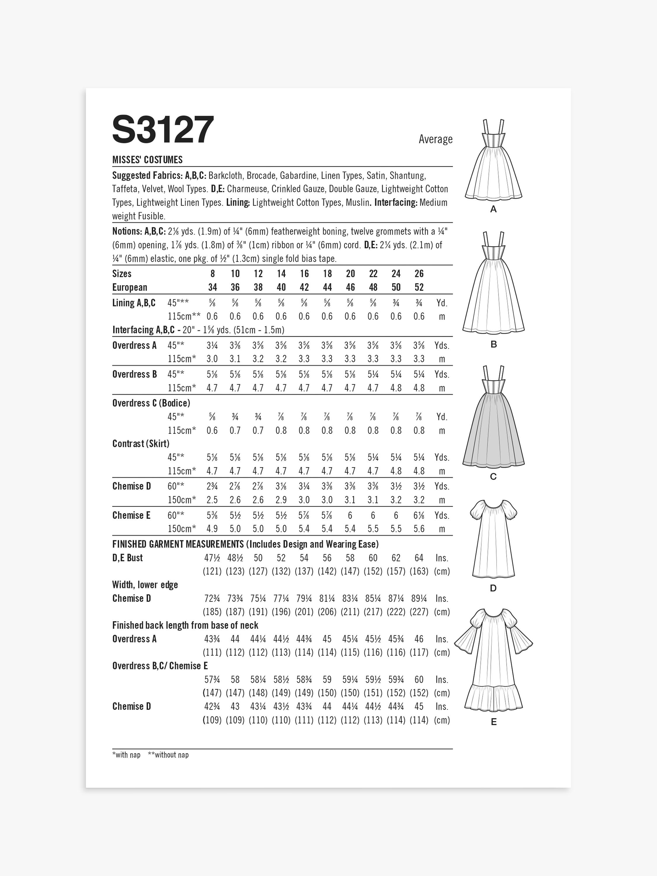 Simplicity S3127 costume overdress sewing pattern, UK version