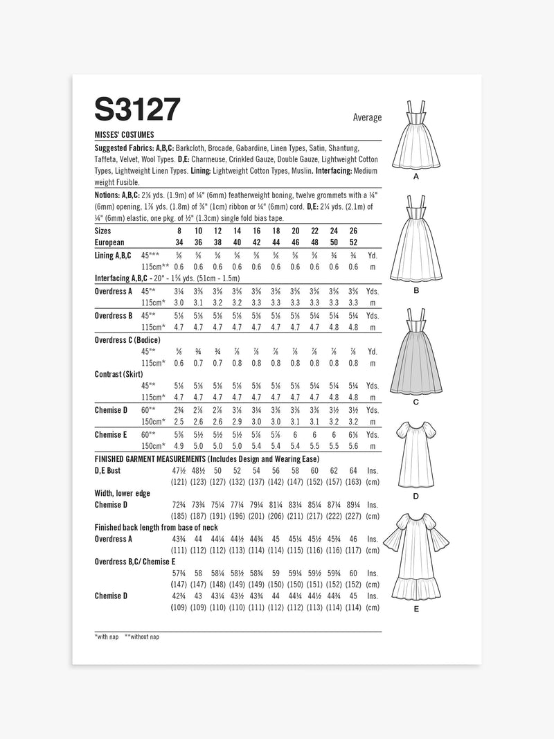Simplicity S3127 costume overdress sewing pattern, UK version