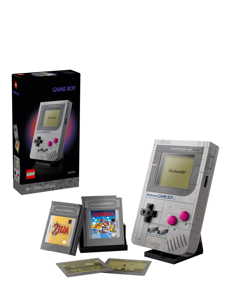 LEGO Game Boy replica building set with interchangeable game paks and display stand, UK version