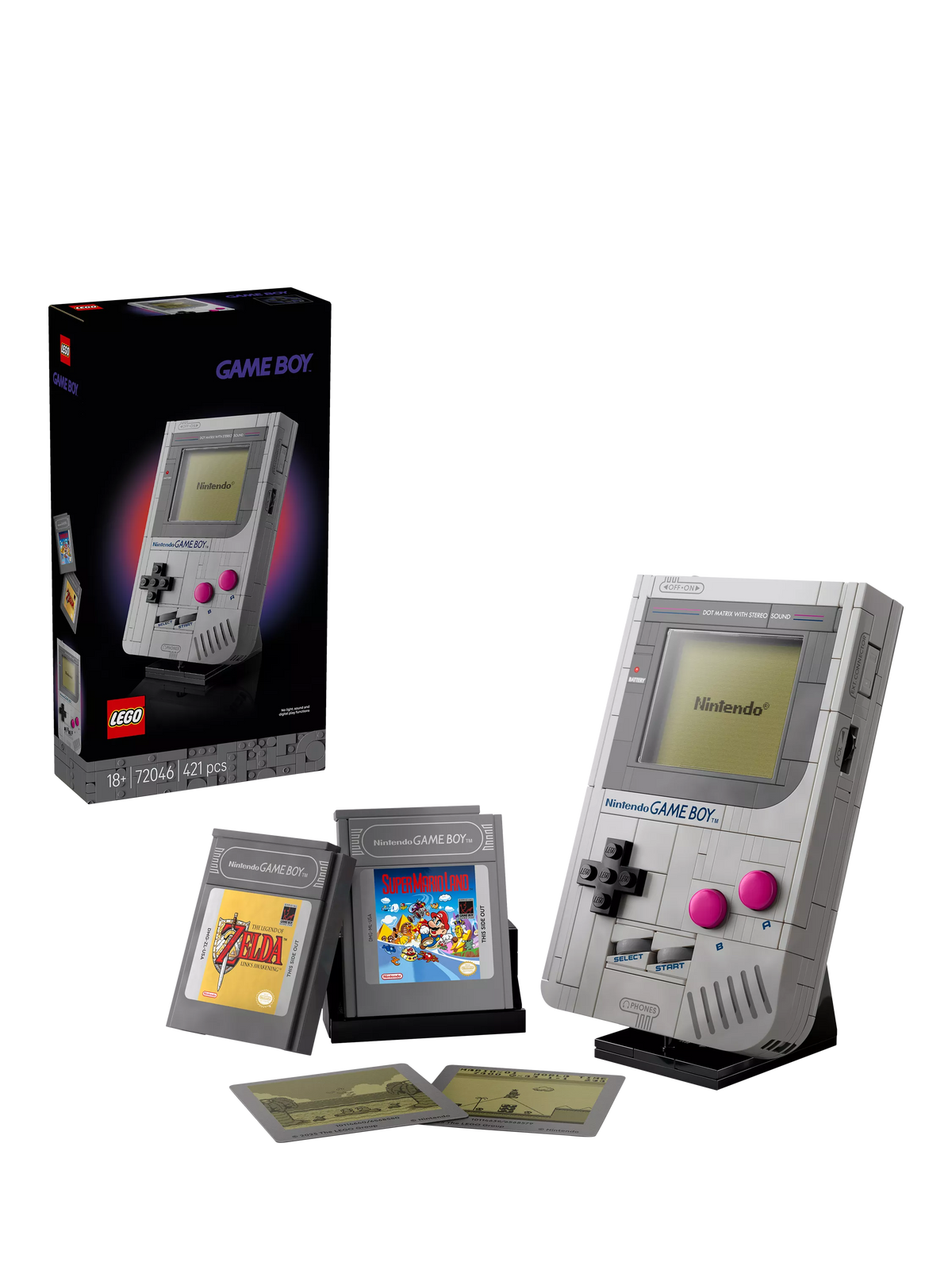 LEGO Game Boy replica building set with interchangeable game paks and display stand, UK version