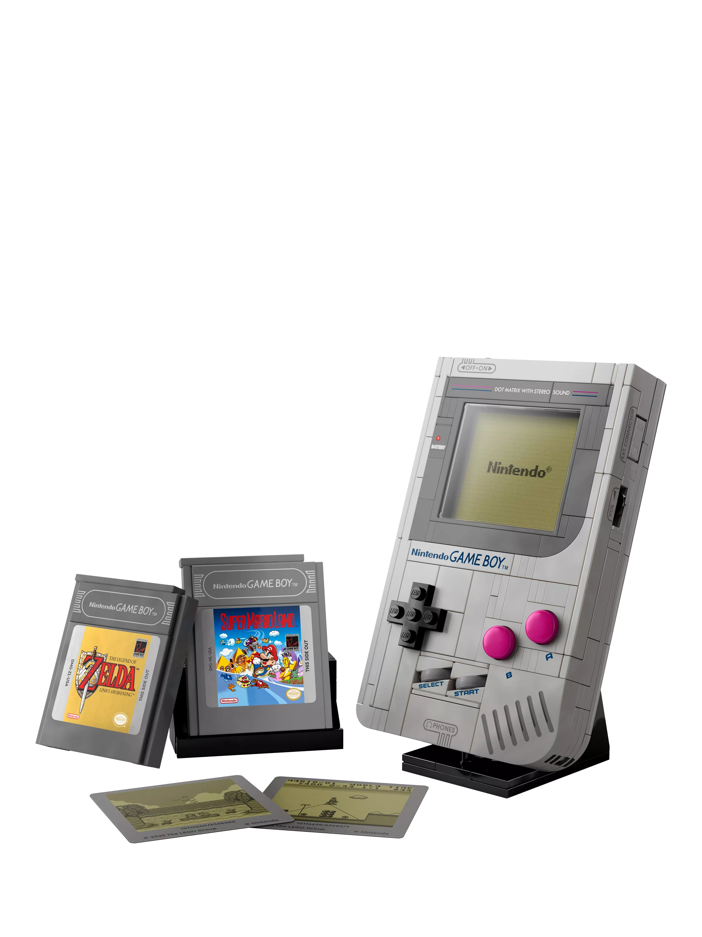 LEGO Game Boy replica building set with interchangeable game paks and display stand, UK version