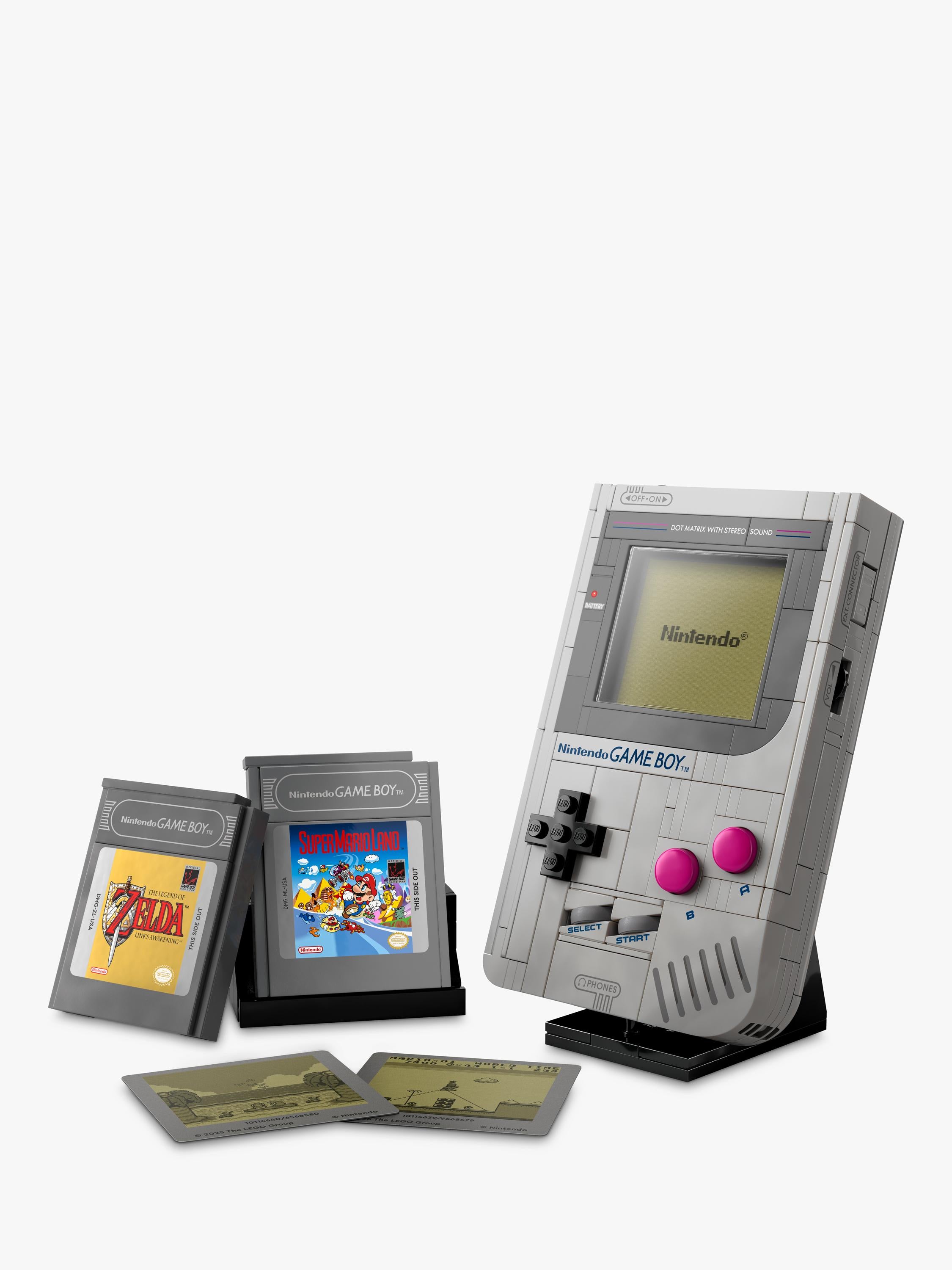 LEGO Game Boy replica building set with interchangeable game paks and display stand, UK version