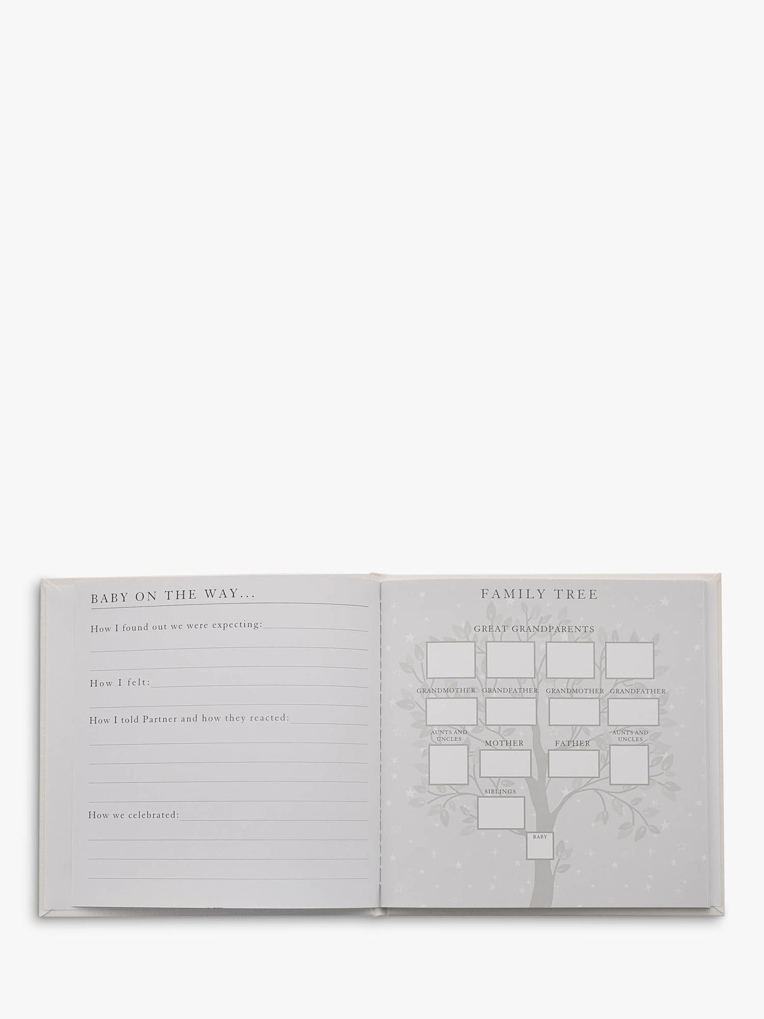 Bambino white linen cover pregnancy journal with silver debossed lettering, UK version