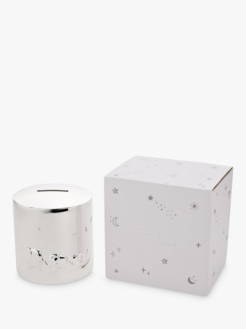 Bambino silver-plated money box with elephants, imported from the UK