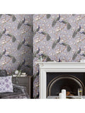 Laura Ashley ornate floral and peacock wallpaper in Iris, UK version
