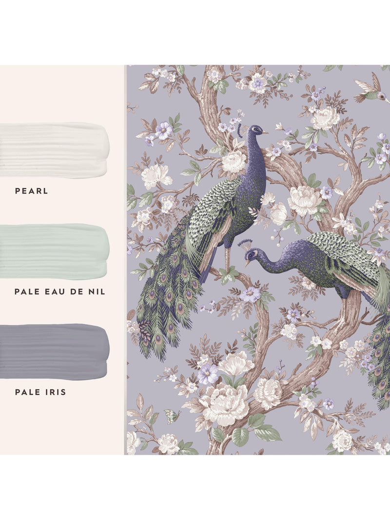 Laura Ashley ornate floral and peacock wallpaper in Iris, UK version
