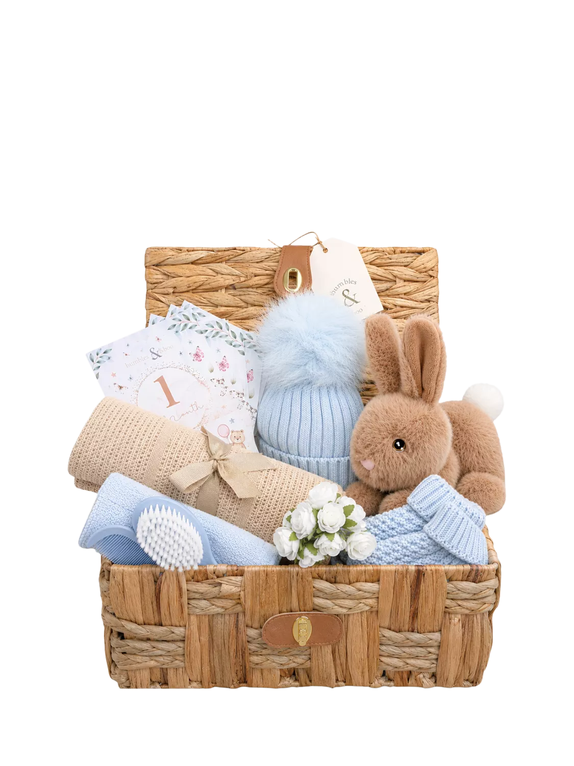 Bumbles & Boo baby boy gift hamper in water hyacinth basket (British brand)