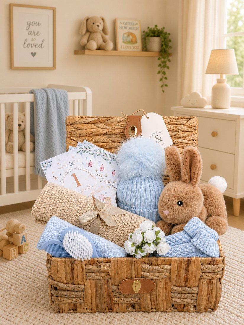 Bumbles & Boo baby boy gift hamper in water hyacinth basket (British brand)