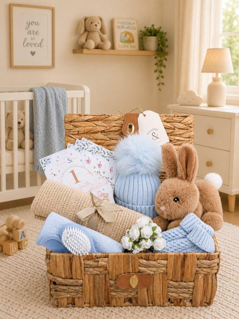 Bumbles & Boo baby boy gift hamper in water hyacinth basket (British brand)
