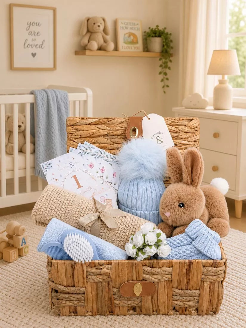 Bumbles & Boo baby boy gift hamper in water hyacinth basket (British brand)