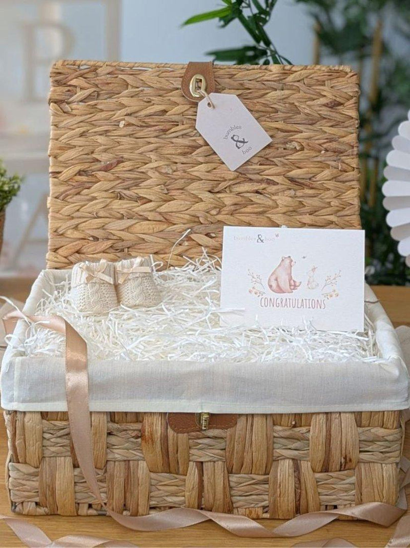 Bumbles & Boo baby boy gift hamper in water hyacinth basket (British brand)