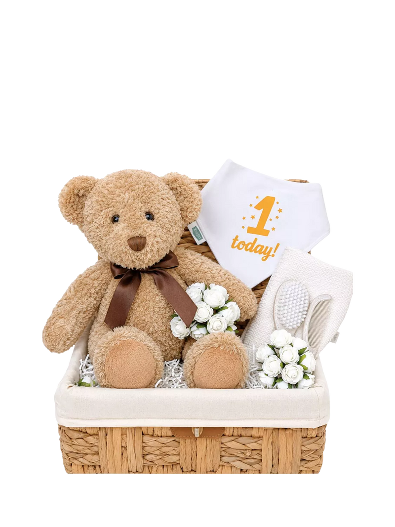Bumbles & Boo 1st Birthday gift hamper with teddy bear, imported from the UK