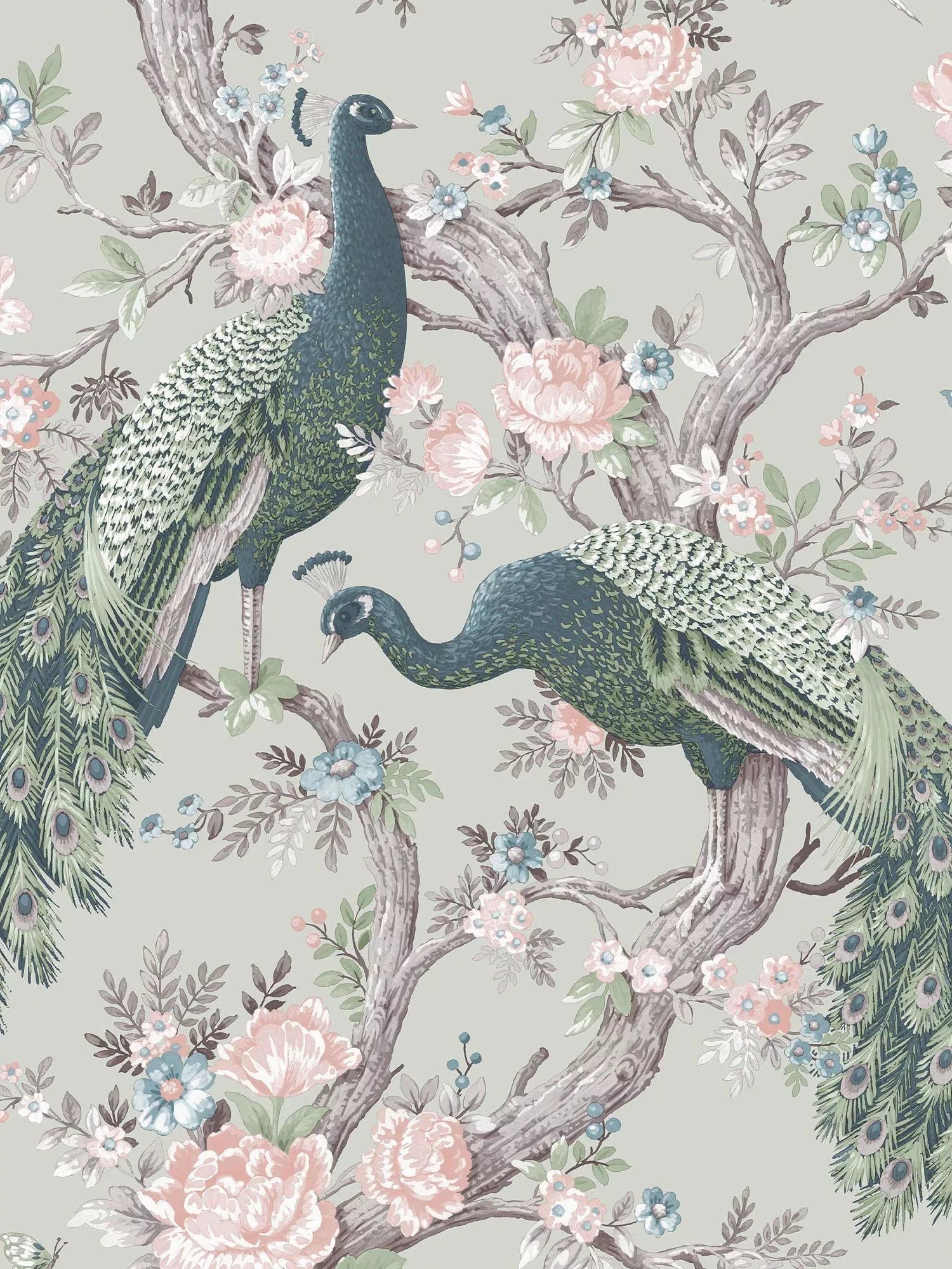 Laura Ashley ornate floral and peacock wallpaper in Iris, UK version