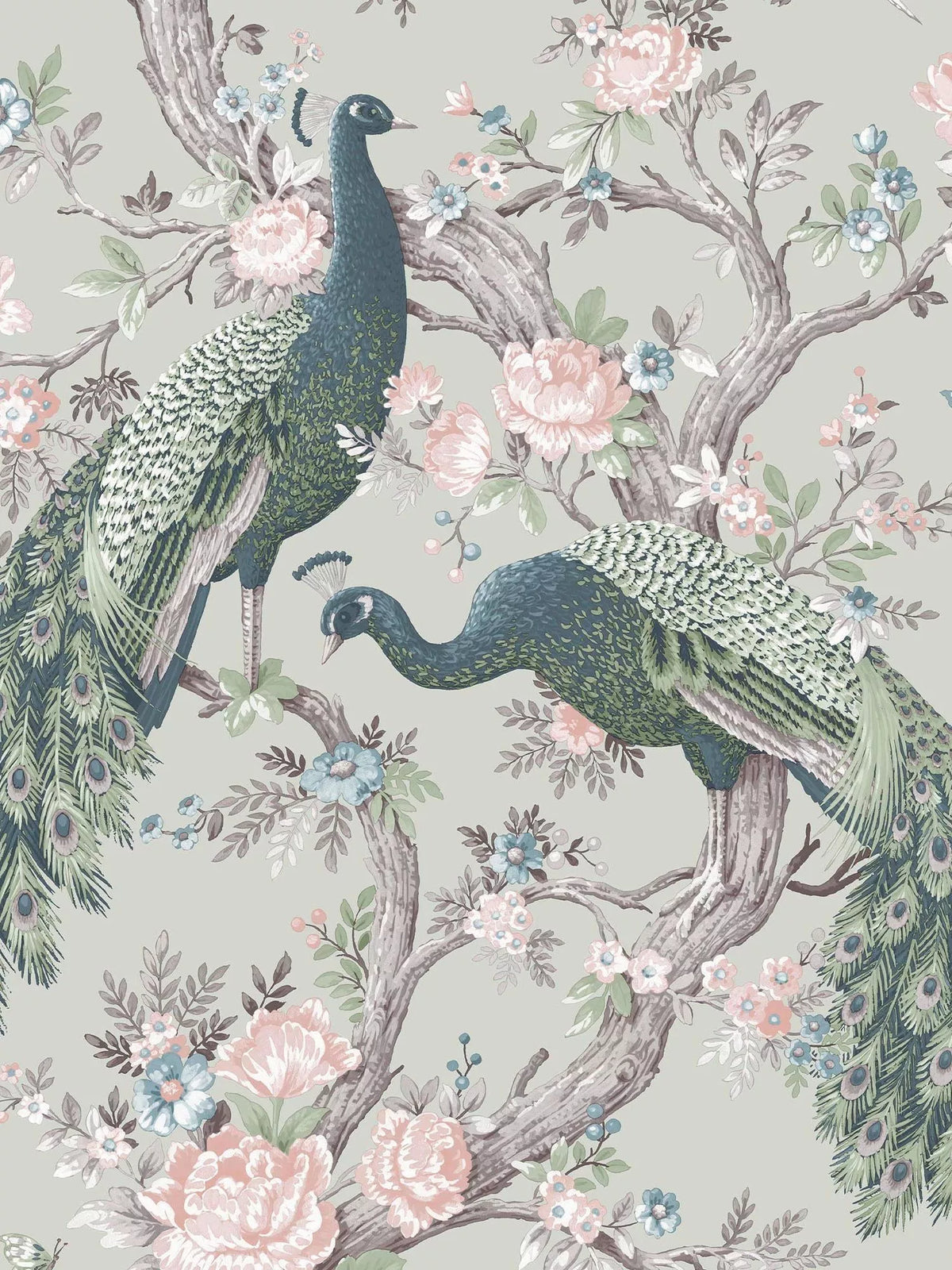 Laura Ashley ornate floral and peacock wallpaper in Iris, UK version