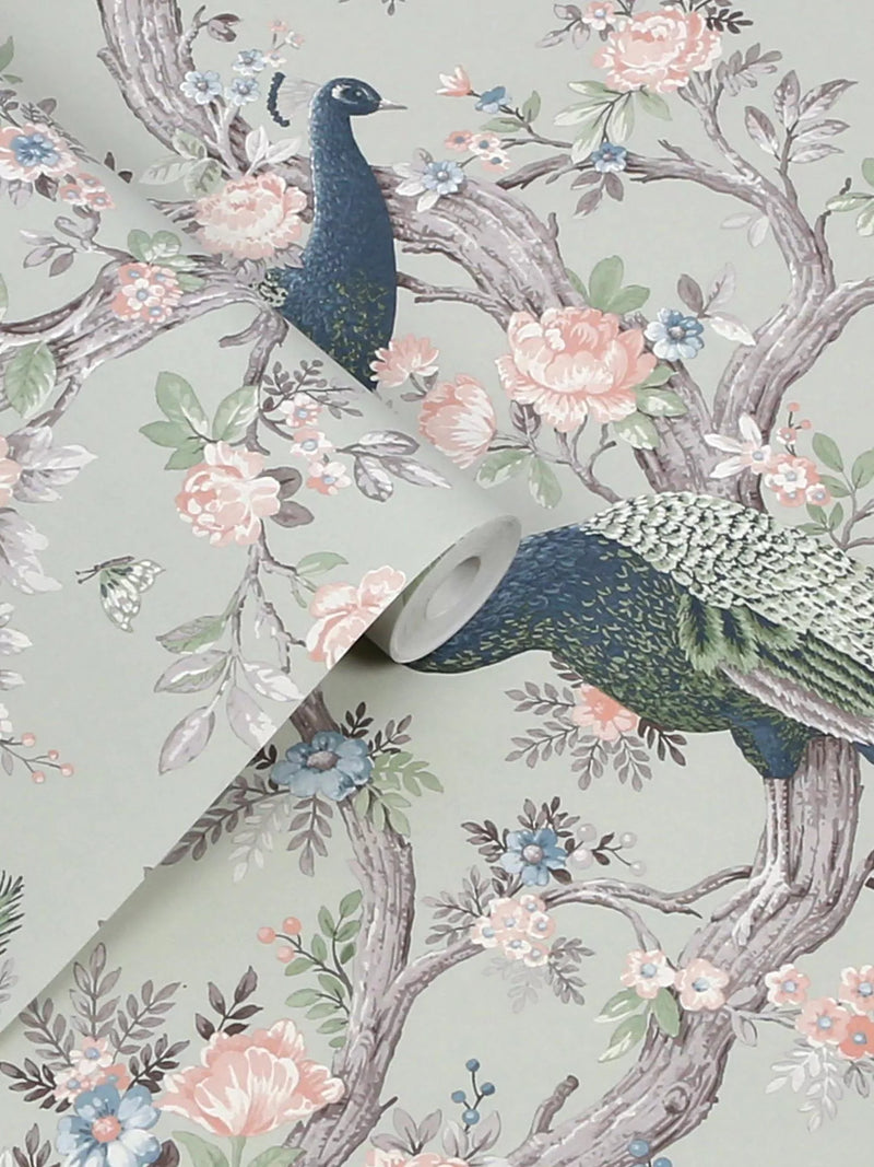 Laura Ashley ornate floral and peacock wallpaper in Iris, UK version