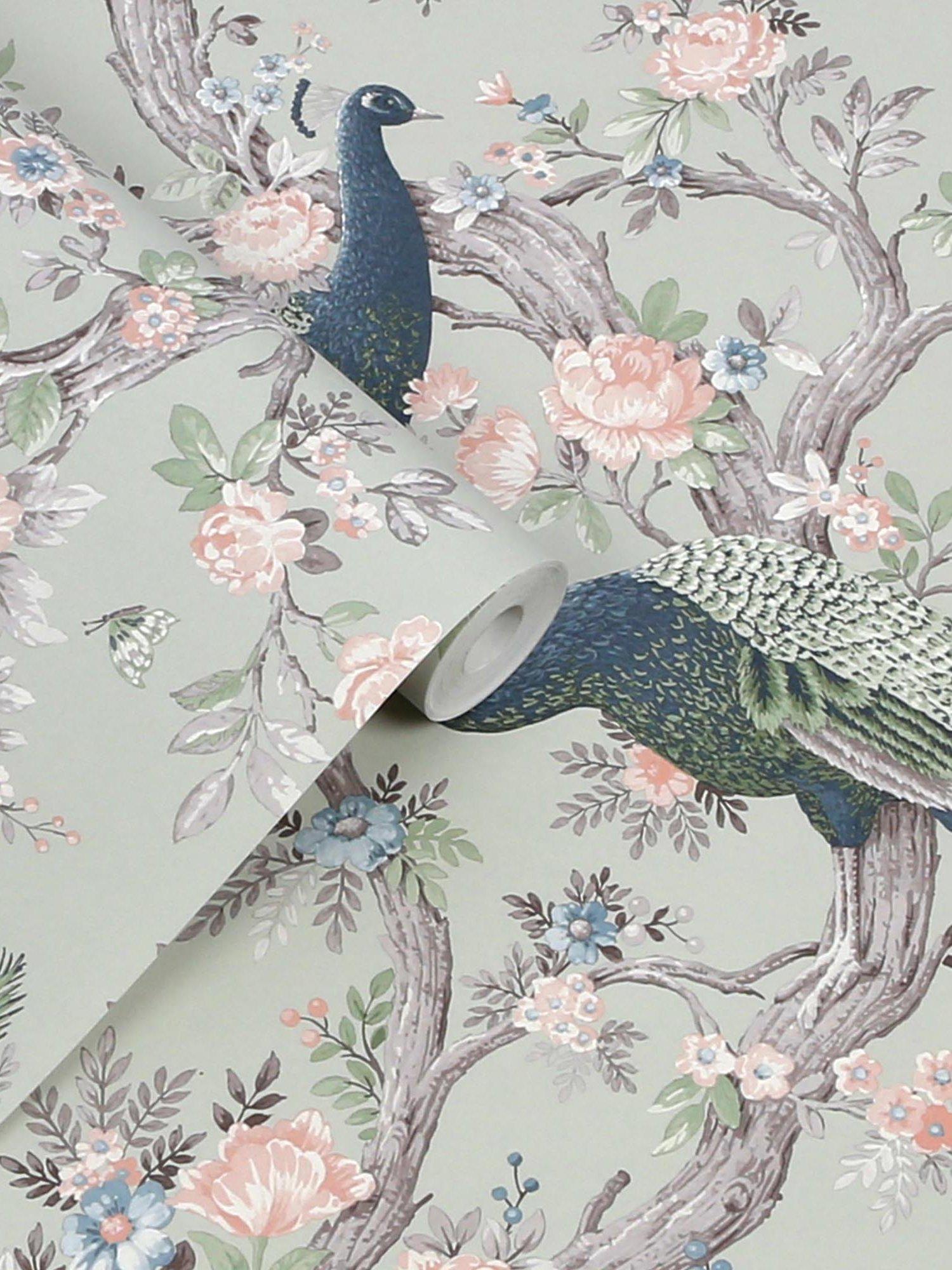 Laura Ashley ornate floral and peacock wallpaper in Iris, UK version