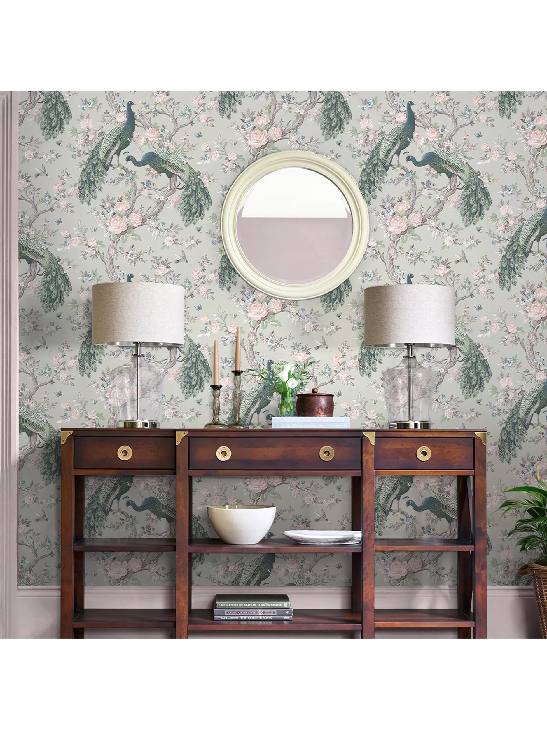 Laura Ashley ornate floral and peacock wallpaper in Iris, UK version