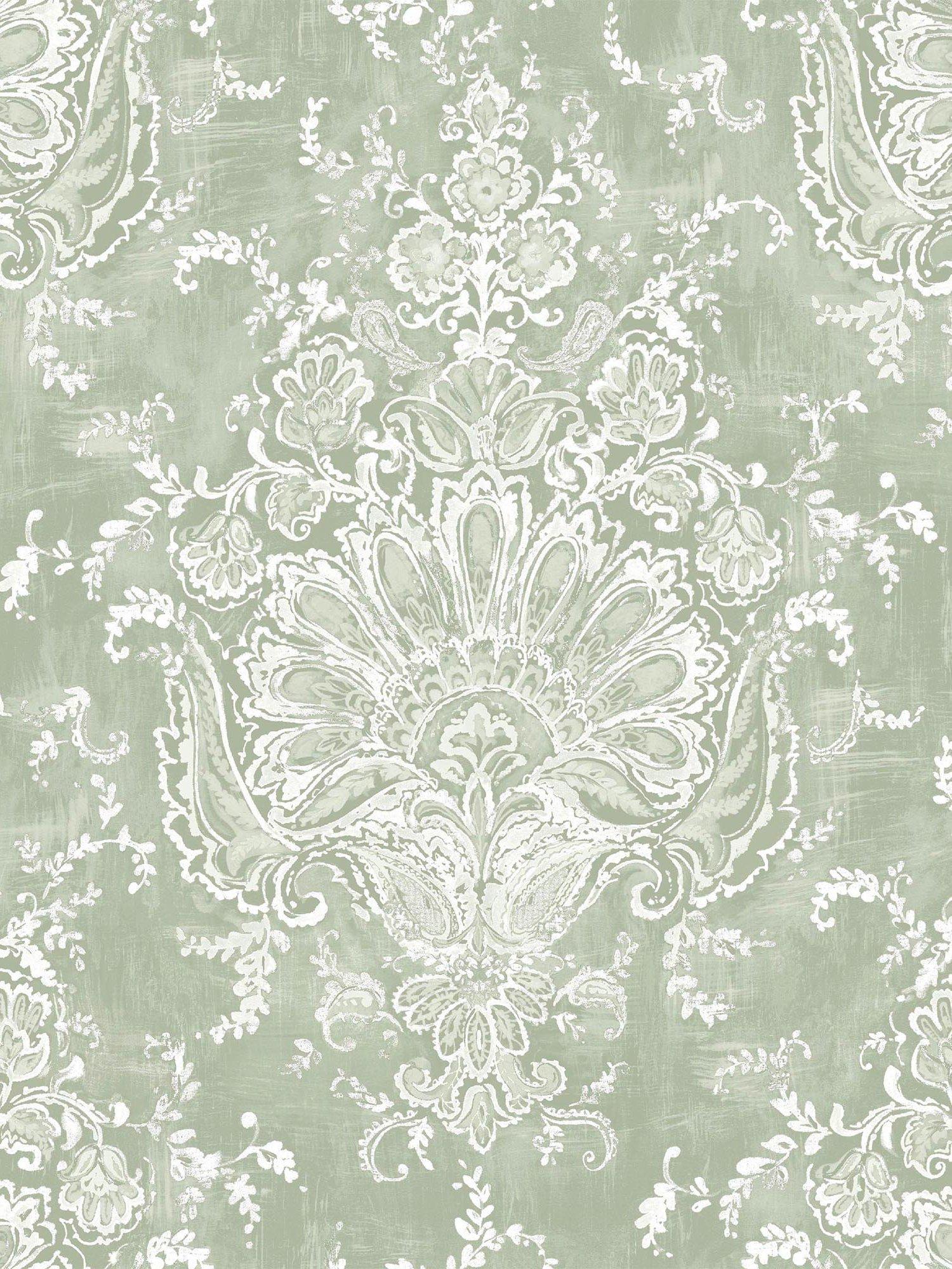 Laura Ashley ornamental floral and paisley wallpaper in sage, UK version