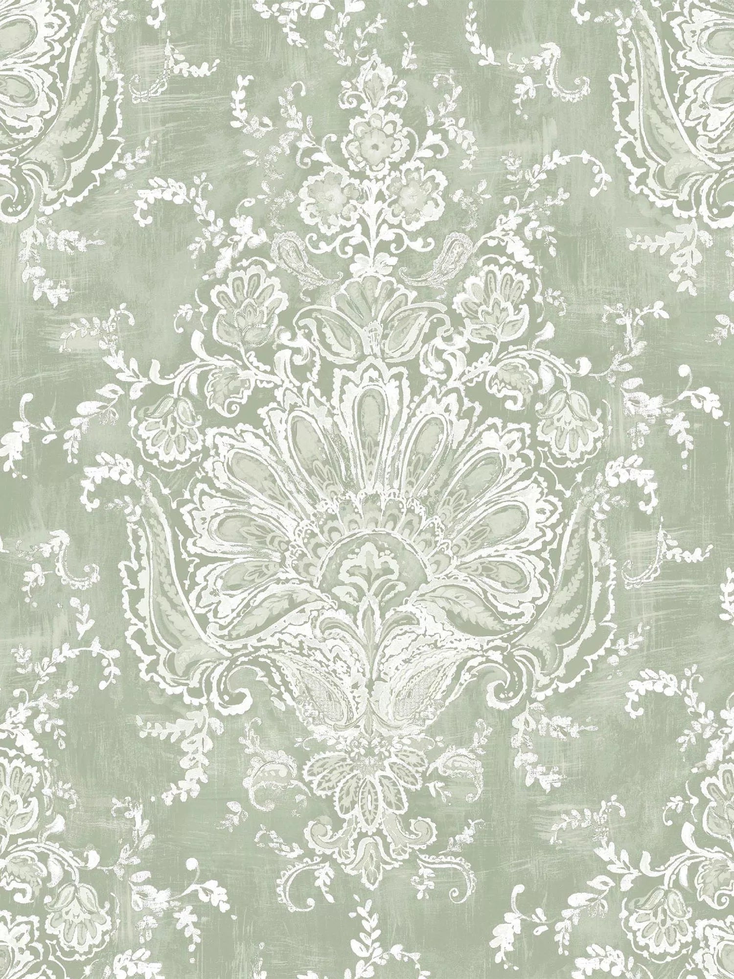 Laura Ashley ornamental floral and paisley wallpaper in sage, UK version