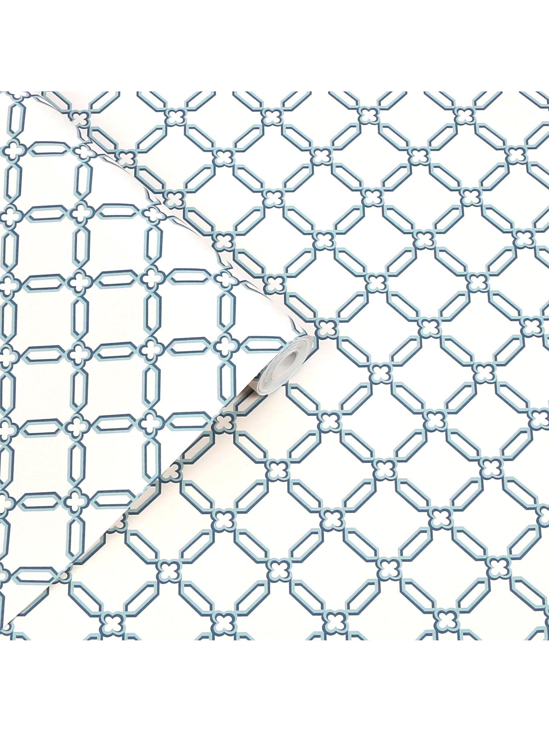 Laura Ashley Westminster trellis design wallpaper in Dusky Seaspray, UK version