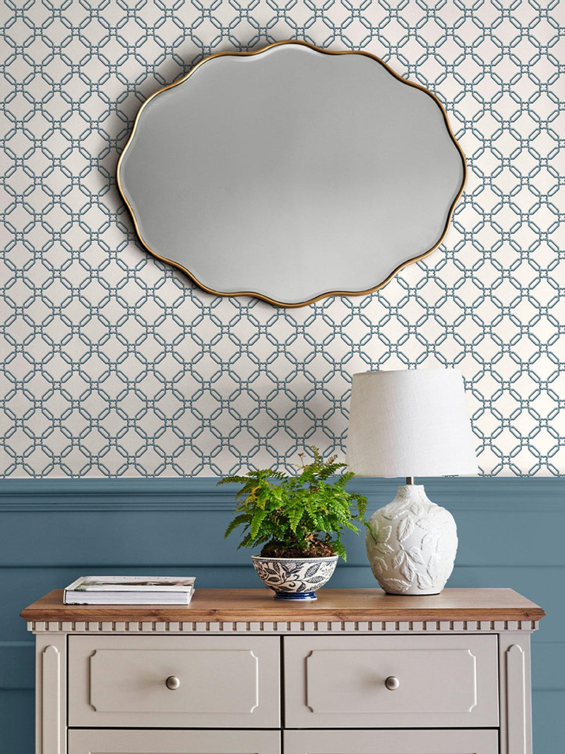 Laura Ashley Westminster trellis design wallpaper in Dusky Seaspray, UK version